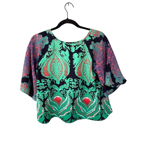 Tyche Boho Abstract Print Top Medium Bell Sleeve Flowy Blouse Festival Chic - Picture 5 of 6